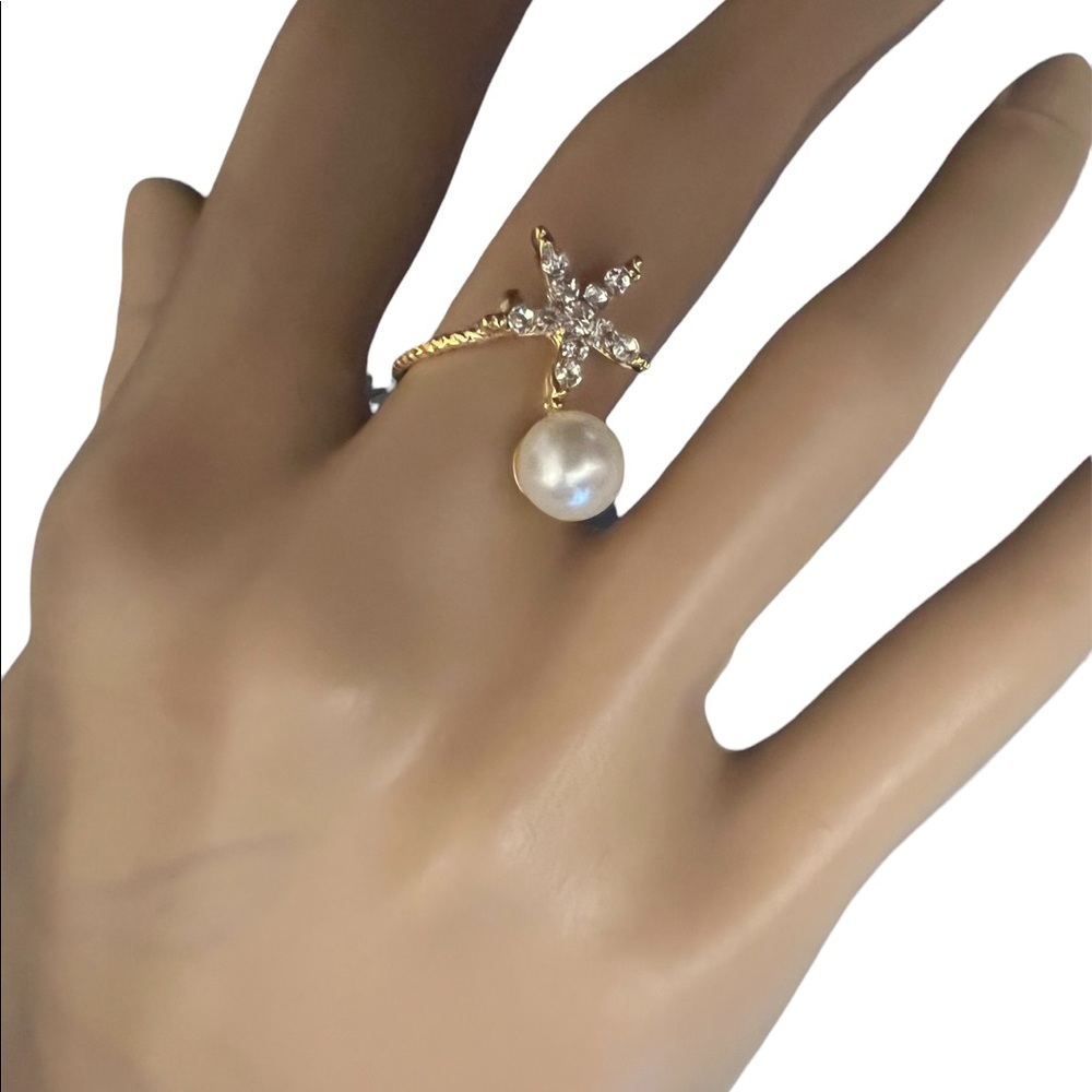 GOLD CRYSTAL STARFISH AND FAUX PEARL RING